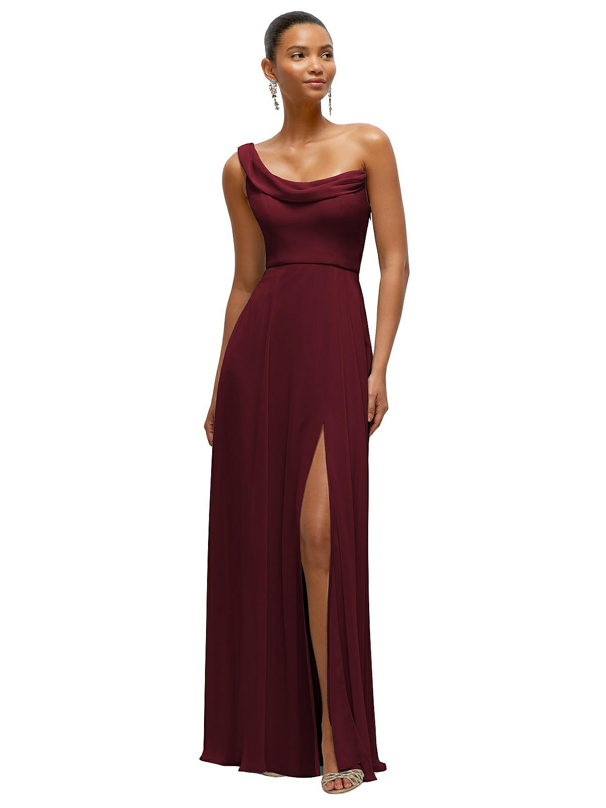 Chiffon One-Shoulder Maxi Dress with Draped Cowl Neckline in Cabernet (Red)