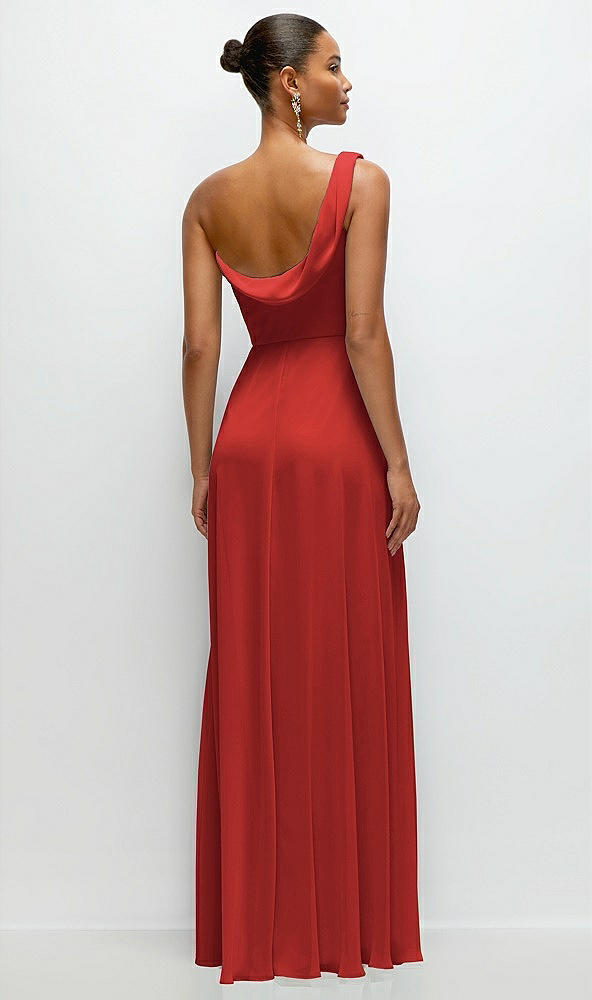Back View - Poppy Red Chiffon One-Shoulder Maxi Dress with Draped Cowl Neckline