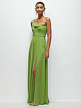 Side View Thumbnail - Peridot Green Chiffon One-Shoulder Maxi Dress with Draped Cowl Neckline