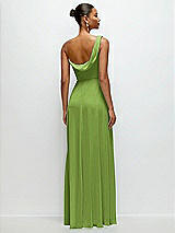 Rear View Thumbnail - Peridot Green Chiffon One-Shoulder Maxi Dress with Draped Cowl Neckline