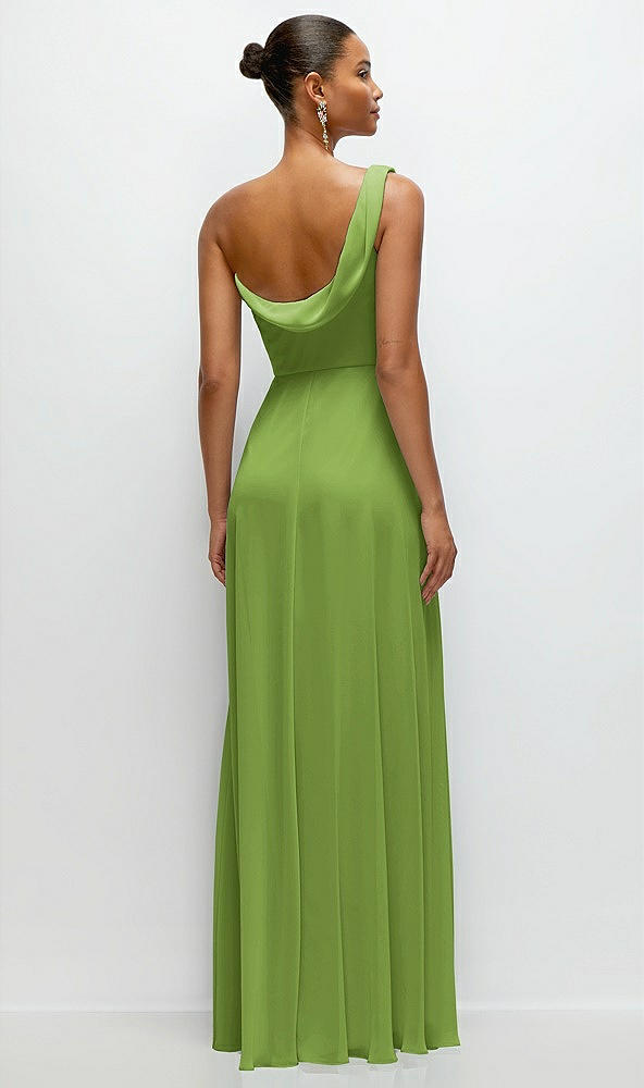 Back View - Peridot Green Chiffon One-Shoulder Maxi Dress with Draped Cowl Neckline