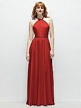 Front View Thumbnail - Poppy Red Shirred Halter Chiffon Maxi Dress with Back Sash-Tie Closure