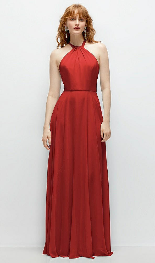 Front View - Poppy Red Shirred Halter Chiffon Maxi Dress with Back Sash-Tie Closure