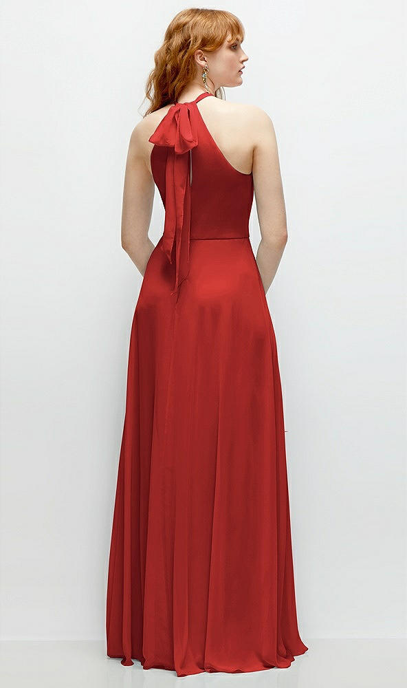Back View - Poppy Red Shirred Halter Chiffon Maxi Dress with Back Sash-Tie Closure
