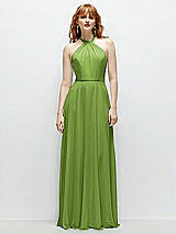 Front View Thumbnail - Peridot Green Shirred Halter Chiffon Maxi Dress with Back Sash-Tie Closure