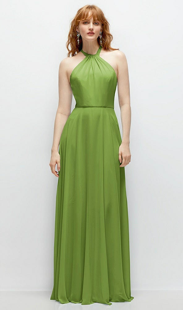 Front View - Peridot Green Shirred Halter Chiffon Maxi Dress with Back Sash-Tie Closure