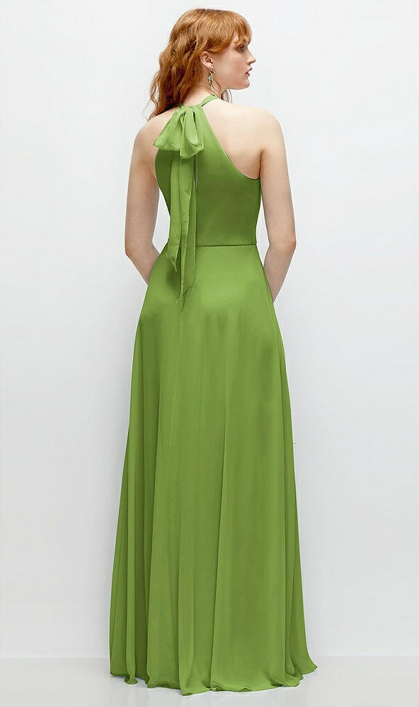 Back View - Peridot Green Shirred Halter Chiffon Maxi Dress with Back Sash-Tie Closure