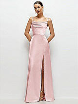 Front View Thumbnail - Ballet Pink Cowl Neck Satin Maxi Dress with Adjustable Spaghetti Straps