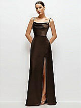 Front View Thumbnail - Espresso Cowl Neck Satin Maxi Dress with Adjustable Spaghetti Straps
