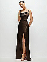 Side View Thumbnail - Espresso Cowl Neck Satin Maxi Dress with Adjustable Spaghetti Straps