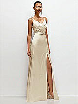 Side View Thumbnail - Champagne Pleated Faux Wrap Satin Maxi Dress with Adjustable Spaghetti Straps