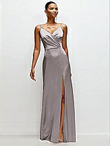 Front View Thumbnail - Cashmere Gray Pleated Faux Wrap Satin Maxi Dress with Adjustable Spaghetti Straps