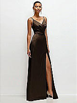 Side View Thumbnail - Espresso Pleated Faux Wrap Satin Maxi Dress with Adjustable Spaghetti Straps