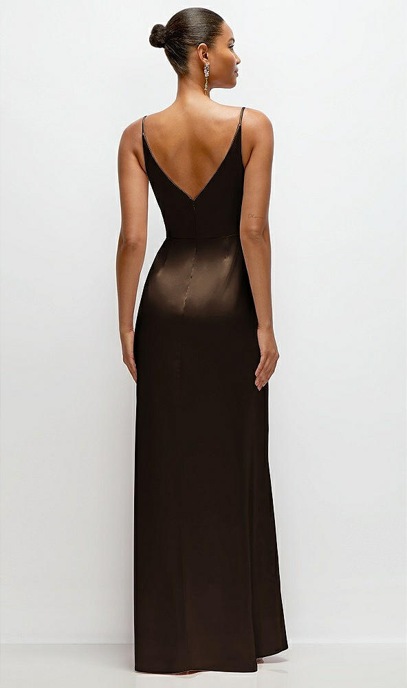 Back View - Espresso Pleated Faux Wrap Satin Maxi Dress with Adjustable Spaghetti Straps