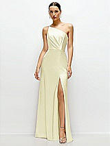 Front View Thumbnail - Butter Yellow Pleated One-Shoulder Satin Maxi Dress with A-Line Skirt