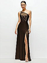 Front View Thumbnail - Espresso Pleated One-Shoulder Satin Maxi Dress with A-Line Skirt