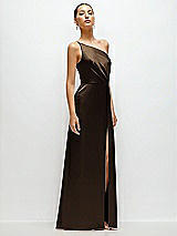 Side View Thumbnail - Espresso Pleated One-Shoulder Satin Maxi Dress with A-Line Skirt