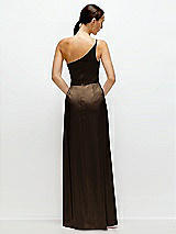 Rear View Thumbnail - Espresso Pleated One-Shoulder Satin Maxi Dress with A-Line Skirt
