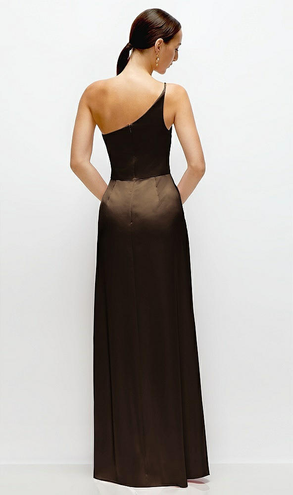 Back View - Espresso Pleated One-Shoulder Satin Maxi Dress with A-Line Skirt