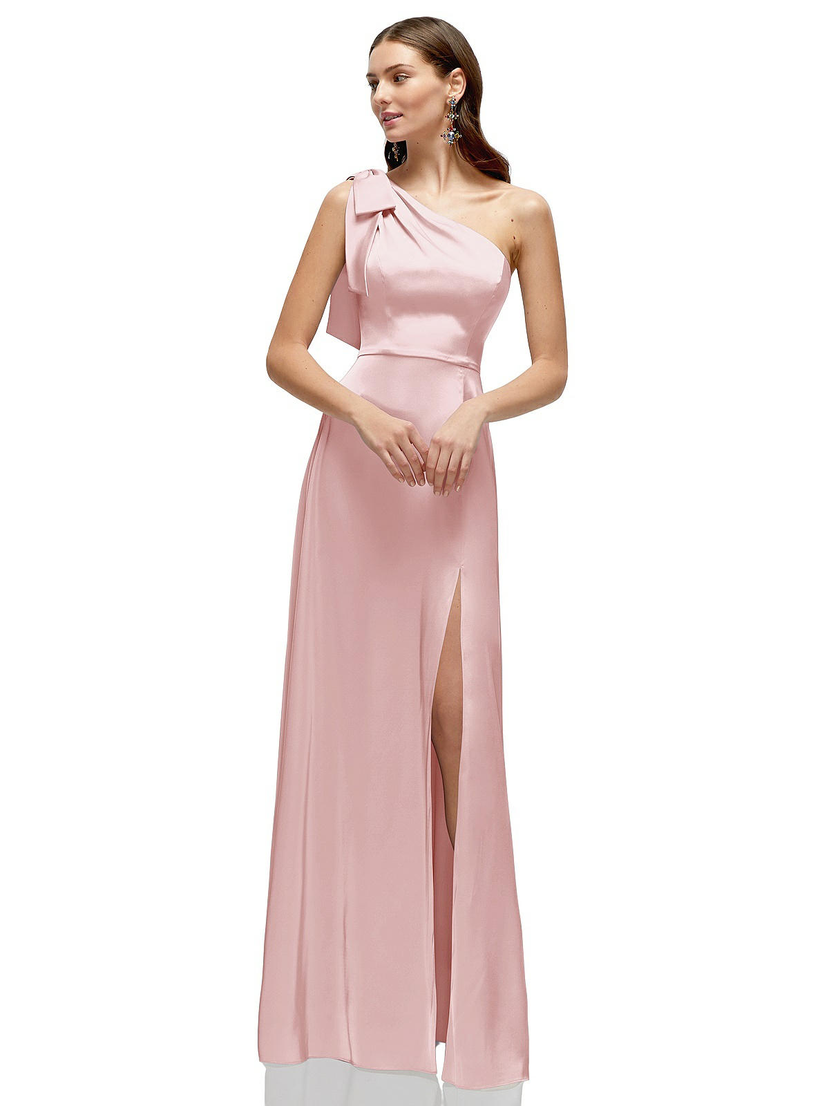 Bow One-shoulder Fluid Satin Maxi Bridesmaid Dress With Full Skirt