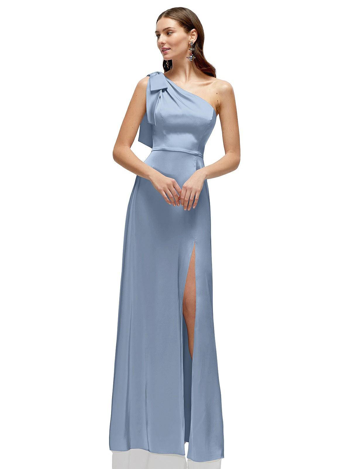 Bow One-shoulder Fluid Satin Maxi Bridesmaid Dress With Full Skirt