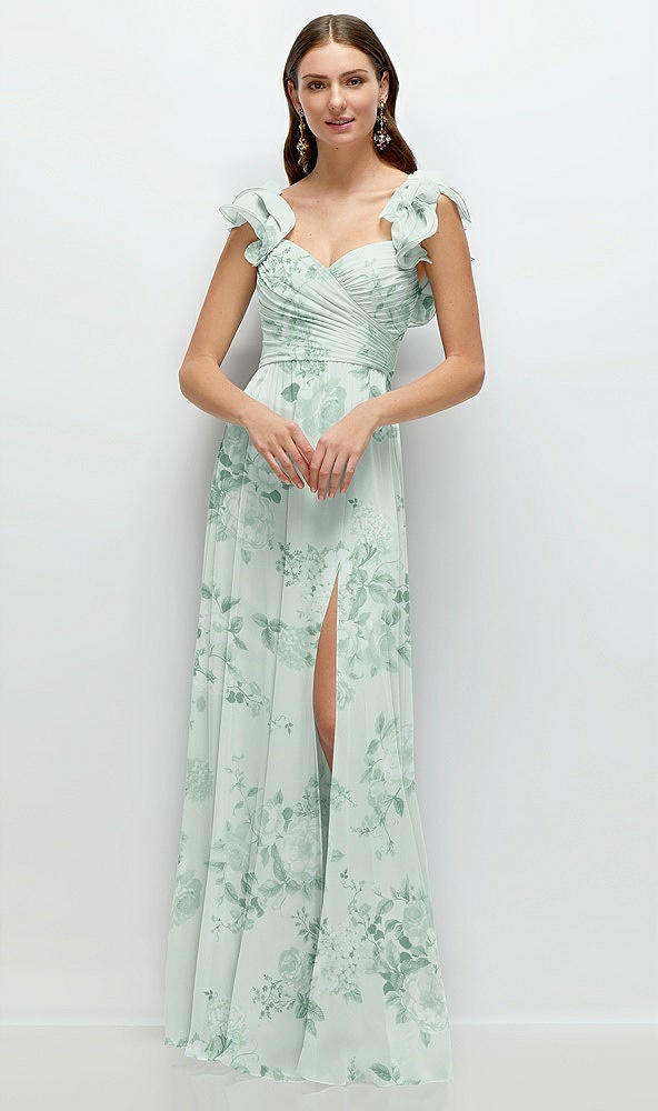 Front View - Mint Green Floral Dramatic Ruffle Edge Strap Chiffon Maxi Dress