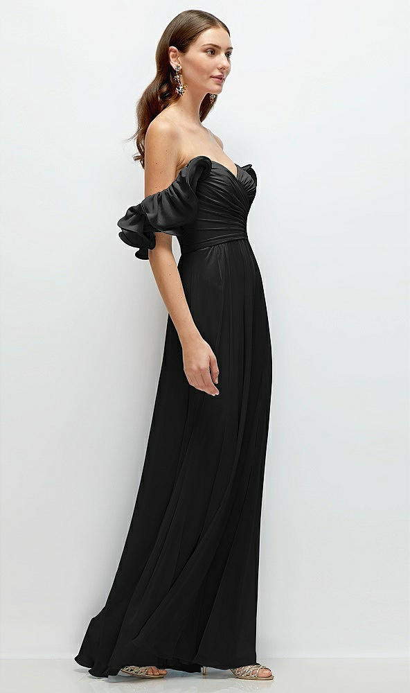 Back View - Black Dramatic Ruffle Edge Strap Chiffon Maxi Dress