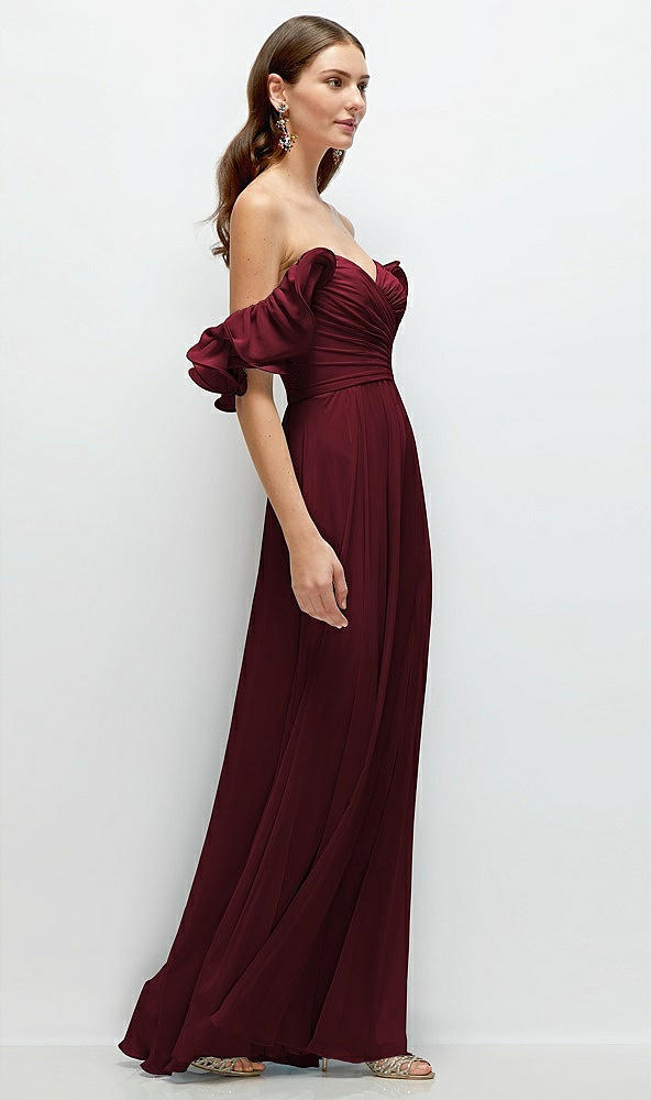 Back View - Cabernet Dramatic Ruffle Edge Strap Chiffon Maxi Dress