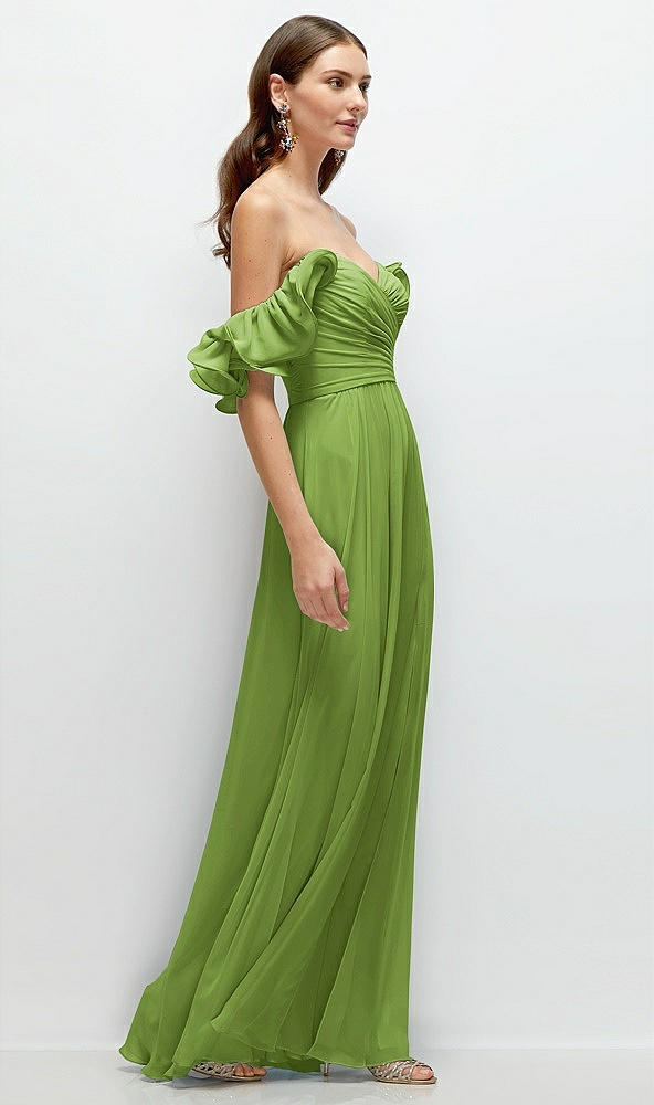 Back View - Peridot Green Dramatic Ruffle Edge Strap Chiffon Maxi Dress