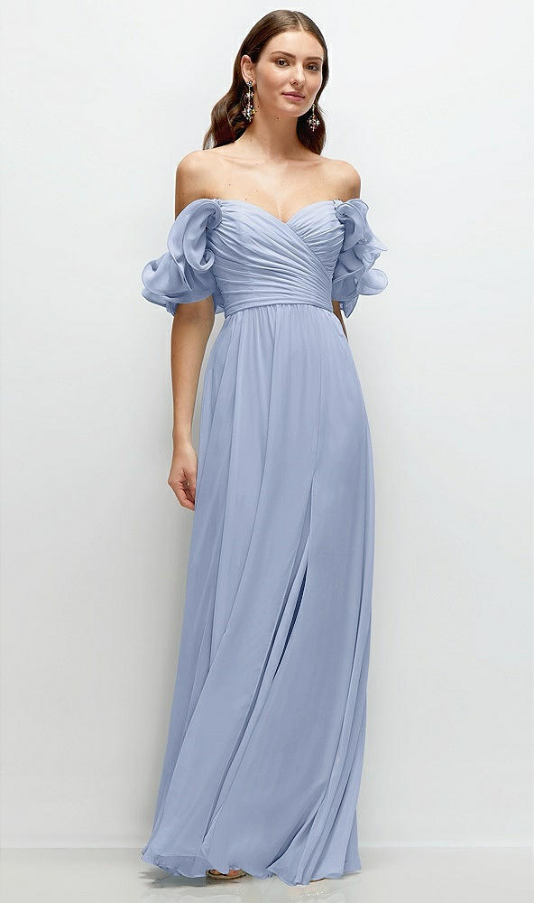 Front View - Sky Blue Dramatic Ruffle Edge Strap Chiffon Maxi Dress