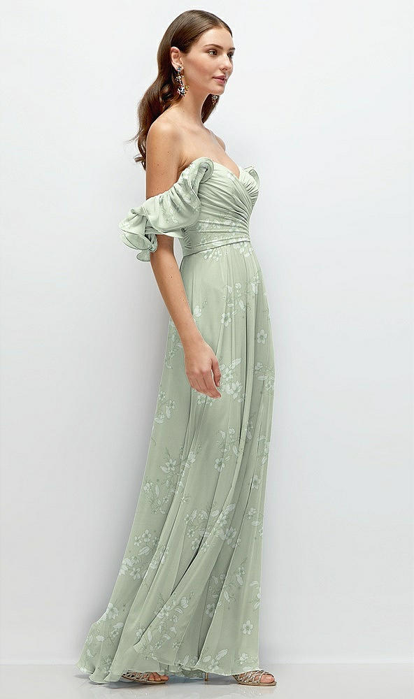 Back View - Vintage Primrose Sage Dramatic Ruffle Edge Strap Chiffon Maxi Dress