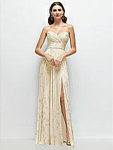 Front View Thumbnail - Butter Yellow Floral Strapless Pleated Surplice Chiffon Maxi Dress with A-Line Skirt