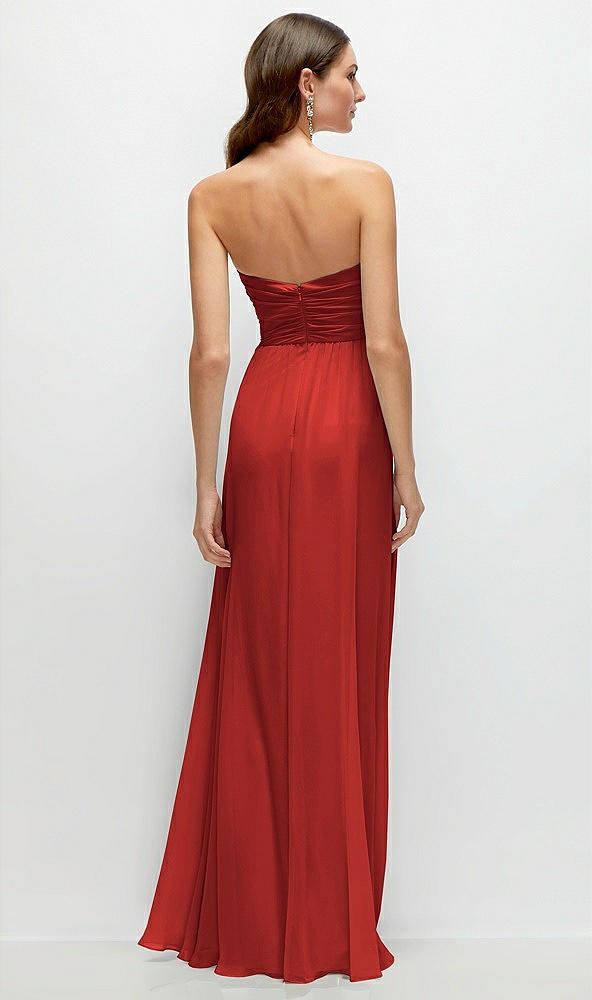 Back View - Poppy Red Strapless Pleated Surplice Chiffon Maxi Dress with A-Line Skirt