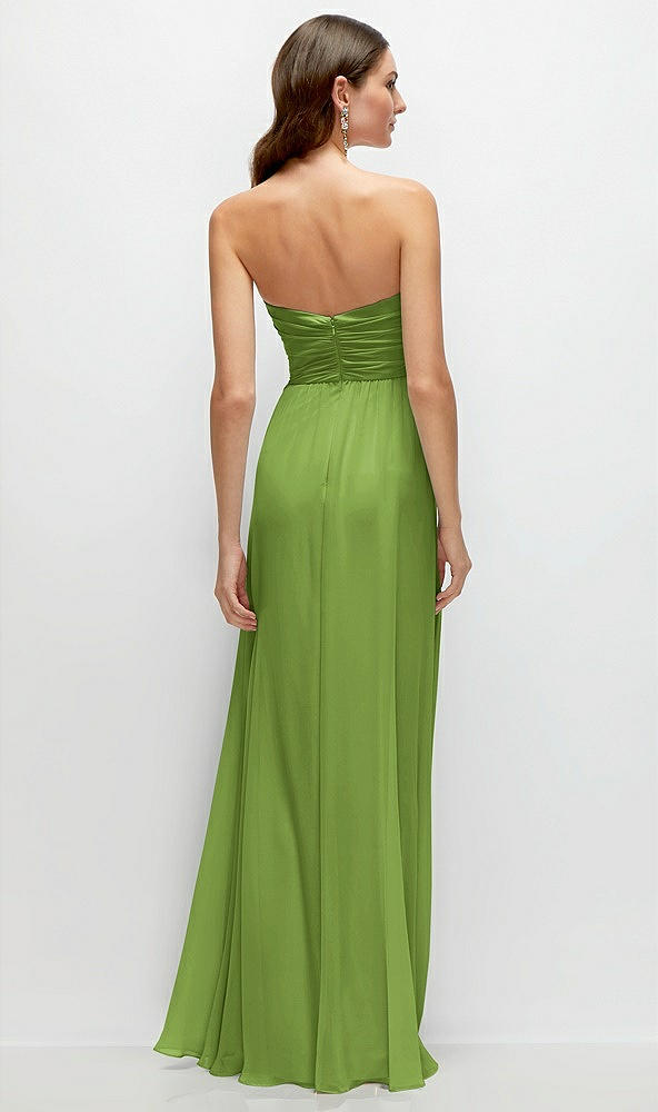 Back View - Peridot Green Strapless Pleated Surplice Chiffon Maxi Dress with A-Line Skirt