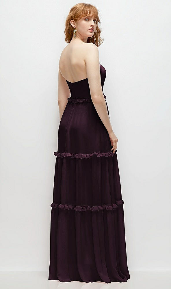 Back View - Deep Plum Strapless Chiffon Maxi Dress with Tiered Micro Ruffle Full Skirt