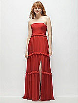 Front View Thumbnail - Poppy Red Strapless Chiffon Maxi Dress with Tiered Micro Ruffle Full Skirt