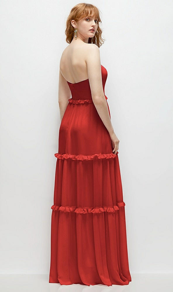 Back View - Poppy Red Strapless Chiffon Maxi Dress with Tiered Micro Ruffle Full Skirt
