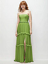 Front View Thumbnail - Peridot Green Strapless Chiffon Maxi Dress with Tiered Micro Ruffle Full Skirt