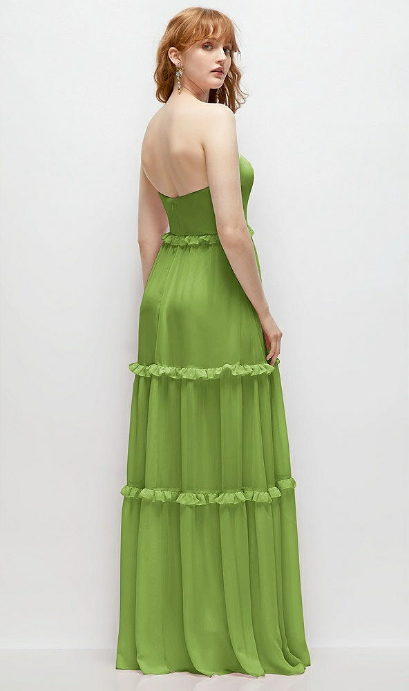 Back View - Peridot Green Strapless Chiffon Maxi Dress with Tiered Micro Ruffle Full Skirt