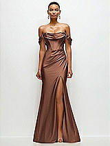 Front View Thumbnail - Cognac Cowl Neck Off-the-Shoulder Stretch Satin Fit and Flare Corset Maxi Dress