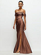 Side View Thumbnail - Cognac Cowl Neck Off-the-Shoulder Stretch Satin Fit and Flare Corset Maxi Dress