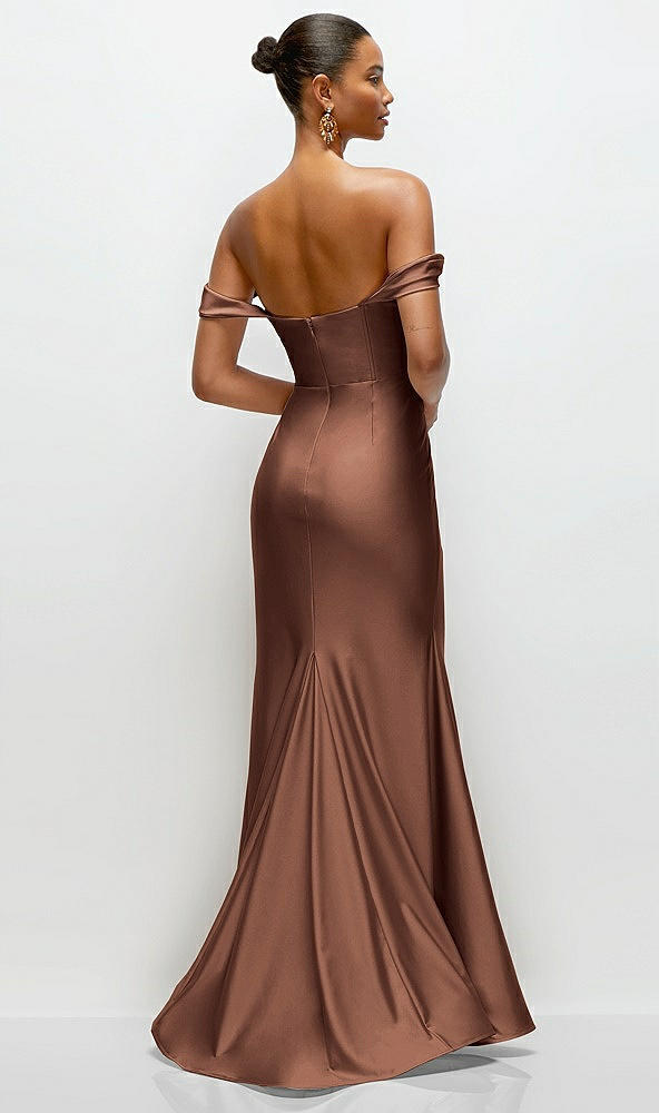 Back View - Cognac Cowl Neck Off-the-Shoulder Stretch Satin Fit and Flare Corset Maxi Dress