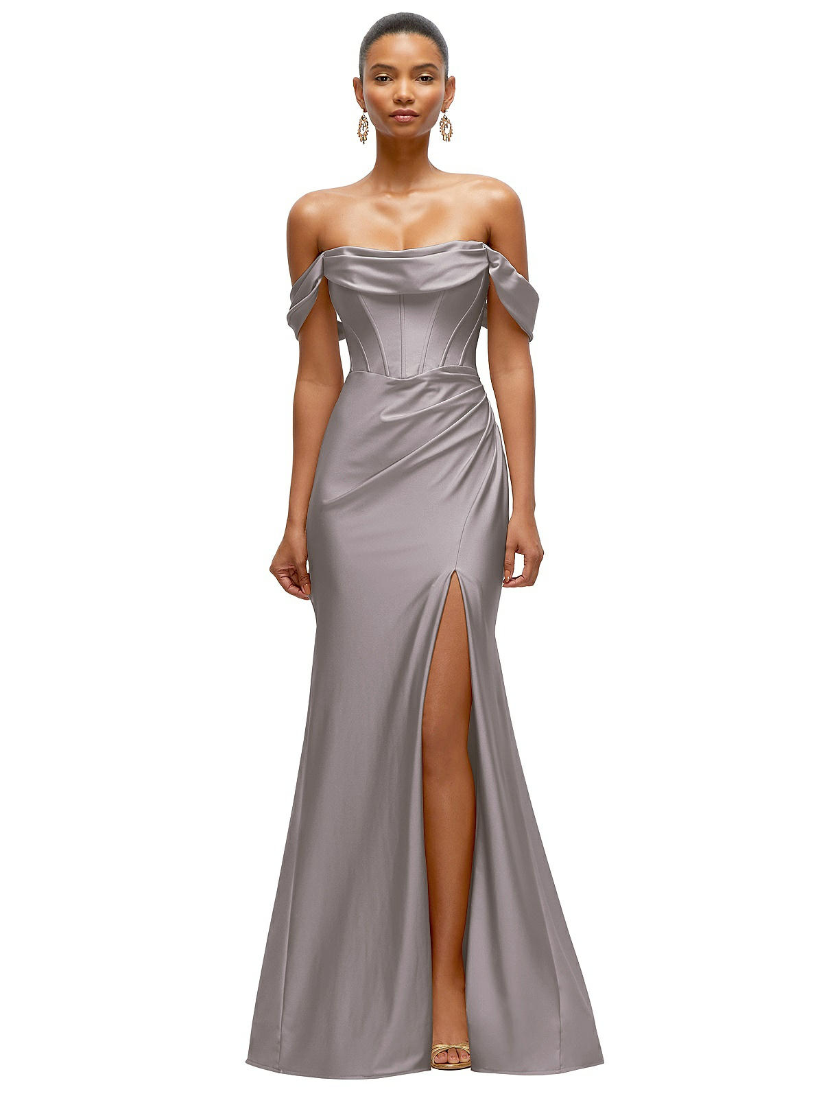 Cowl Neck Off-the-shoulder Stretch Satin Fit And Flare Corset Maxi  Bridesmaid Dress In Cashmere Gray | The Dessy Group