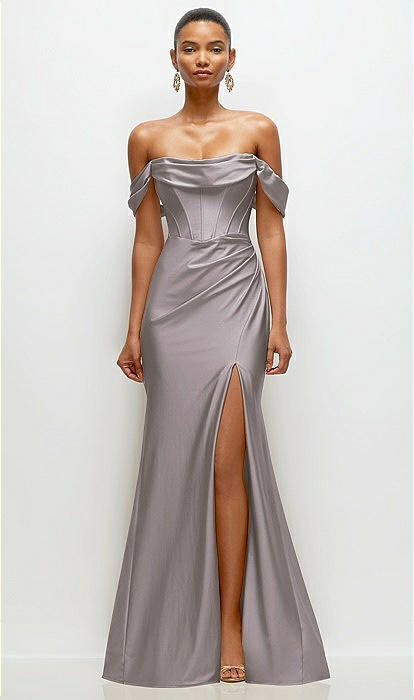 Cowl Neck Off-the-shoulder Stretch Satin Fit And Flare Corset Maxi