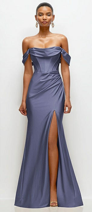 blue dress for baby girl Ladivine 7450 One Shoulder Soft Satin A Line Dress, French Navy / 10 main image 1
