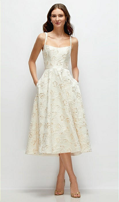 Scoop Neck Ivory Gold Rosette Midi Bridesmaid Dress With Horsehair
