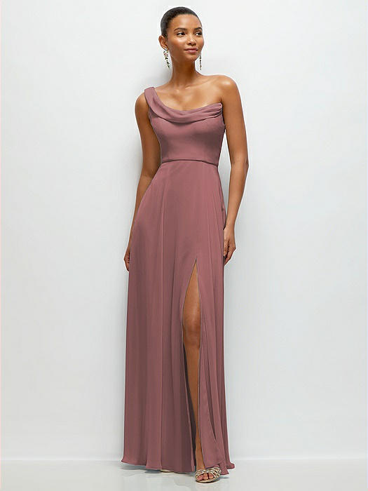 Chiffon One-Shoulder Maxi Dress with Draped Cowl Neckline