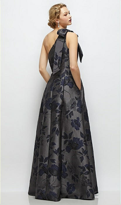 Bow One-shoulder Full A-line Noir Garden Metallic Jacquard Maxi