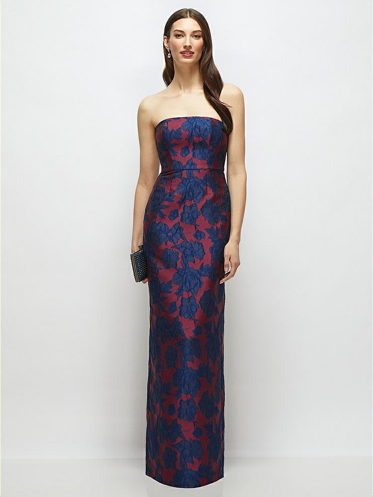Strapless Oscar Metallic Floral Jacquard Column Bridesmaid Dress With Back Slit In Evergreen Floral | The Dessy Group Strapless Oscar Metallic Floral Jacquard Column Bridesmaid Dress With Back Slit In Evergreen Floral | The Dessy Group