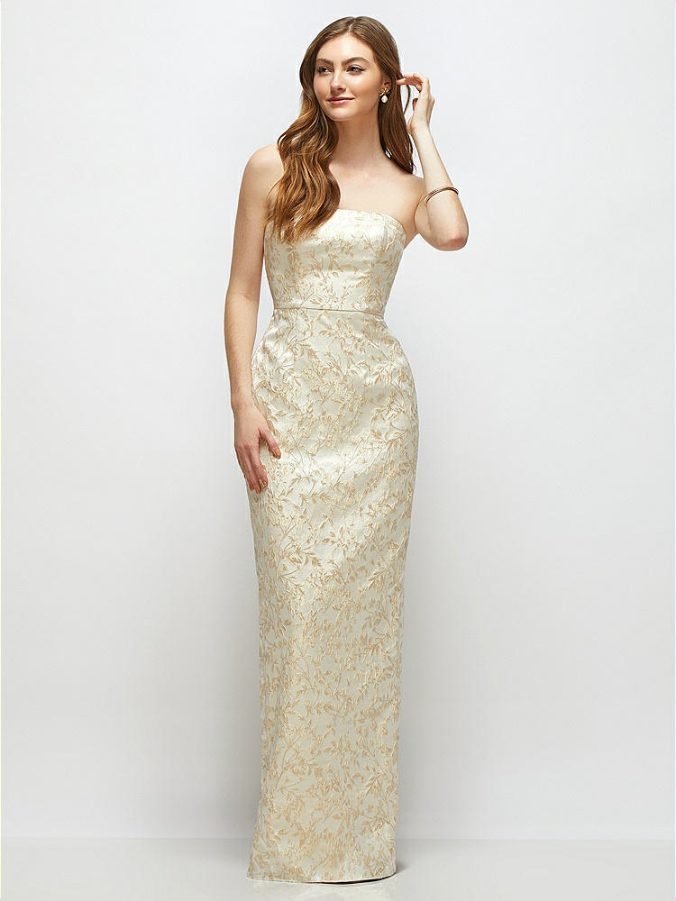 Strapless Cobalt Floral Metallic Jacquard Column Bridesmaid Dress With Back  Slit In Cobalt Jacquard | The Dessy Group